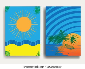 Minimal design element . Sun, sand beach , tropical leaves and blue abstract waves . Sunset logo element. Bohemian art . Vector  illustration. 