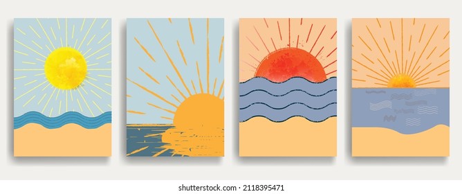 Elemento de diseño mínimo. Sol. Elemento de logotipo de Sunset. Arte bohemio. Ilustración vectorial. 