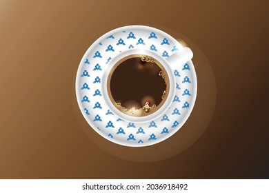 Minimal design, hot coffee cup, made of ceramic, blue floral pattern . Brown background. top view.