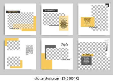 Minimal design layout. Editable square abstract modern geometric shape banner template for social media post promotion. Golden yellow and black frame in black and white background with stripe line. 
