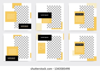 Minimal design layout. Editable square abstract modern geometric shape banner template for social media post promotion. Golden yellow and black frame in black and white background with stripe line. 