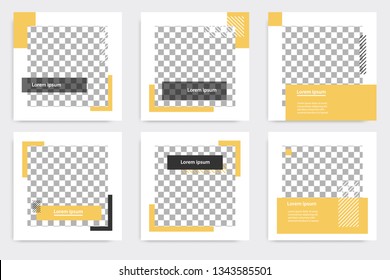 Minimal design layout. Editable square abstract modern geometric shape banner template for social media post promotion. Golden yellow and black frame in black and white background with stripe line. 