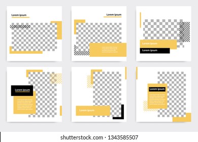 Minimal design layout. Editable square abstract modern geometric shape banner template for social media post promotion. Golden yellow and black frame in black and white background with stripe line. 