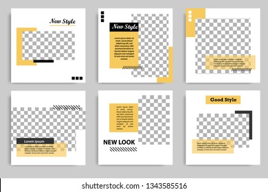 Minimal design layout. Editable square abstract modern geometric shape banner template for social media post promotion. Golden yellow and black frame in black and white background with stripe line. 