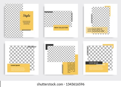 Minimal design layout. Editable square abstract modern geometric shape banner template for social media post promotion. Golden yellow and black frame in black and white background with stripe line. 