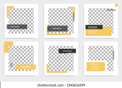 Minimal design layout. Editable square abstract modern geometric shape banner template for social media post promotion. Golden yellow and black frame in black and white background with stripe line. 