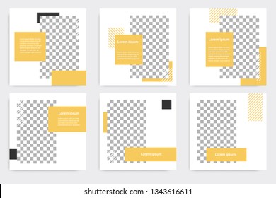 Minimal design layout. Editable square abstract modern geometric shape banner template for social media post promotion. Golden yellow and black frame in black and white background with stripe line. 