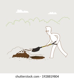 Minimal design, man digging hole in the ground. Leisure activity stay at home.