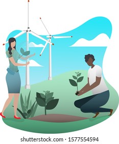 Minimal design of a man and a woman while plant a tree together in spring daytime with background of a wind mill power energy farm with blue sky.Saving energy concept  with people planting tree