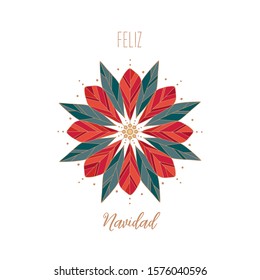 Minimal design with Merry Christmas words (in Spanish) with abstract  and colorful geometrical poinsettia flower. Banner, greeting card.