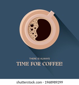 Minimal design poster. Cup of coffee on a dark background and good morning text. View from above