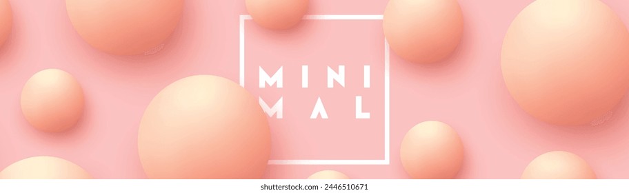 Minimal design Realistic 3d ball spheres. Abstract background. Pattern circular geometric object. Round balls soft pink color. Horizontal trendy poster, banner, header for website. vector illustration