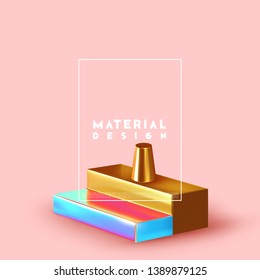 Minimal design with realistic shapes of 3d objects. Golden metal volumetric elements on the pink background
