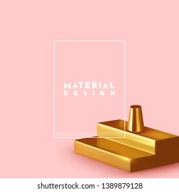 Minimal design with realistic shapes of 3d objects. Golden metal volumetric elements on the pink background