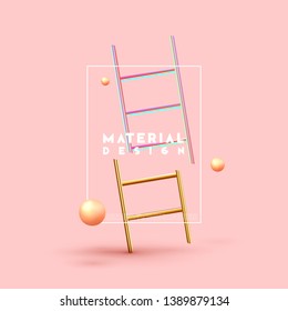 Minimal design with realistic shapes of 3d objects. Golden metal volumetric elements on the pink background