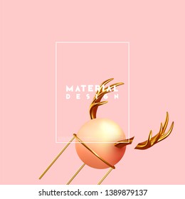 Minimal design with realistic shapes of 3d objects. Golden metal volumetric elements on the pink background