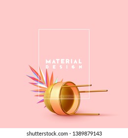 Minimal design with realistic shapes of 3d objects. Golden metal volumetric elements on the pink background