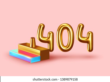 Minimal design with realistic shapes of 3d objects. Golden metal volumetric elements on the pink background. gold numbers error 404
