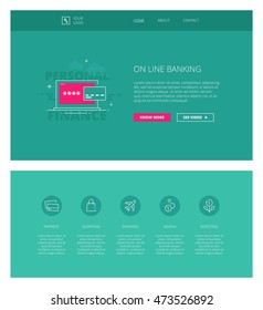Minimal design web template with header and five icons for banks landing pages, sites and apps. White outline minimal illustrations of banking on line