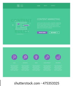 Minimal design web template with header and five icons for marketing landing pages, sites and apps. White outline minimal illustrations of content marketing