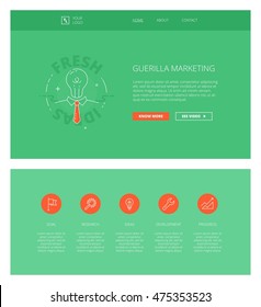 Minimal design web template with header and five icons for marketing landing pages, sites and apps. White outline minimal illustrations of guerilla marketing