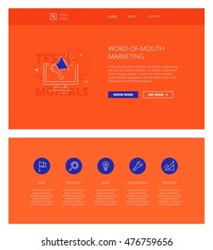 Minimal design web template with header and five icons for business landing pages, sites and apps. White outline minimal illustrations of word-of-mouth marketing