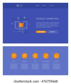 Minimal design web template with header and five icons for marketing landing pages, sites and apps. White outline minimal illustrations of product marketing