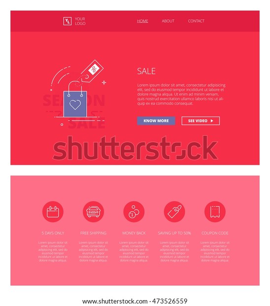 Minimal design web template with\
header and five icons for shops and marketplaces landing pages,\
sites and apps. White outline minimal illustrations of\
sales