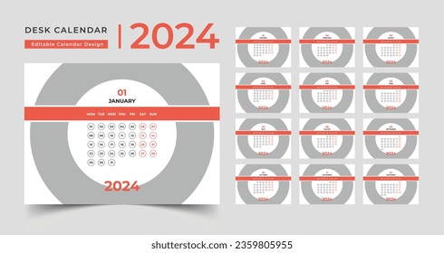 Minimal Desk Calendar 2024, 12 months included Calendar, template vector, Week Starts on Sunday. Planner for 2024 year