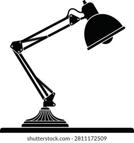 Minimal desk lamp icon featuring an adjustable articulated task light with a stable base in a clean black silhouette vector style. Perfect for office graphics, home workspace illustrations, interior design, furniture catalogs, user interfaces, mobile apps, websites, presentations, and vector design projects.