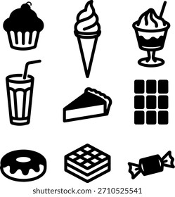 Minimal dessert icon set with clean lines and modern flat vector shapes.