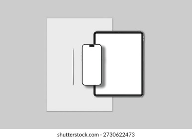 Minimal device mockup featuring tablet, smartphone, paper sheet, and stylus on light gray background. Clean flat lay with blank screens and copy space, ideal for branding or print templates.