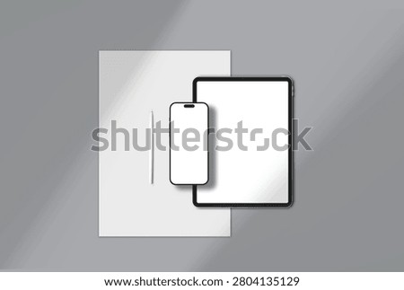 Minimal device mockup featuring tablet, smartphone, paper sheet, and stylus on light gray background. Clean flat lay with blank screens and copy space, ideal for branding or print templates.