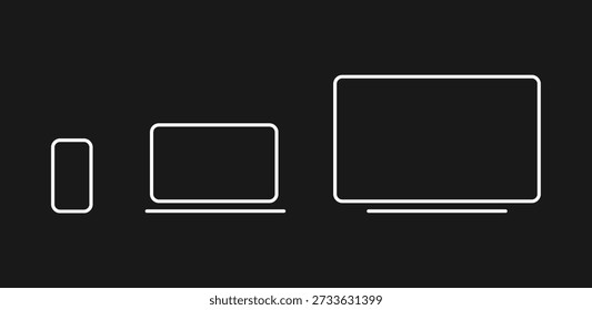 Minimal device outline icons. Smartphone tablet laptop and desktop screens illustration. Responsive design mock up. Mockup editable stroke. Apple iPhone, macbook pro max, iPad air 17. iOS, MacOS.