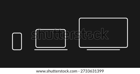 Minimal device outline icons. Smartphone tablet laptop and desktop screens illustration. Responsive design mock up. Mockup editable stroke. Apple iPhone, macbook pro max, iPad air 17. iOS, MacOS.