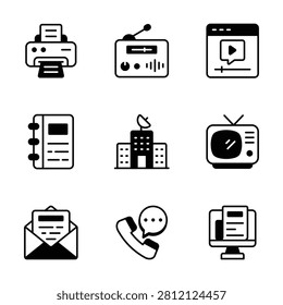 Minimal digital communication glyph icon pack for broadcasting and media projects.