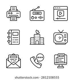 Minimal digital communication line icon pack for broadcasting and media projects.