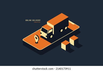 Minimal digital logistic concept in isometric design, Online delivery on web and mobile application, Digtital advertising and marketing for online shipping