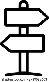 Minimal directional sign doodle icon in black and white vector line art style. This simple editable illustration is suitable for travel designs, navigation themes, route planning concepts, tourism graphics, road trip visuals, orientation layouts, wayfinding projects, adventure content, posters, stickers, planners, branding and digital or print creations. Clean outline style, isolated and easy to use in many creative contexts.