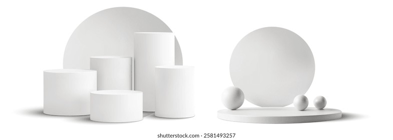 Minimal display with cylindrical pedestals and spheres on a white background. Perfect for product presentation, branding mockups, or modern interior designs. Vector 3d illustration.