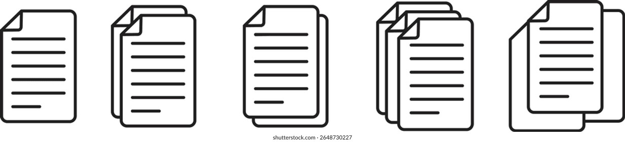 Ícones mínimos de arquivos de documentos que mostram de uma a várias páginas empilhadas em progressão linear, perfeitos para dados, armazenamento, papelada, arquivos digitais, relatórios ou sistemas de gerenciamento de conteúdo.