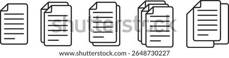 Minimal document file icons showing single to multiple stacked pages in linear progression, perfect for data, storage, paperwork, digital archives, reports, or content management systems.