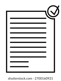Minimal document icon with horizontal lines and top right checkmark stamp, ideal for themes of approval, task completion, legal form, workflow, and business process.