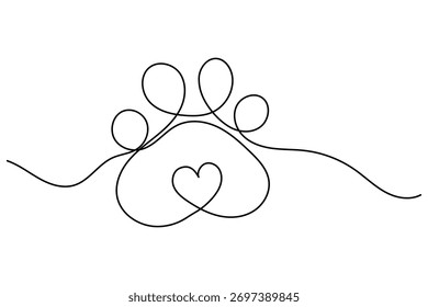 Minimal dog paw trace continuous line drawing isolated on white