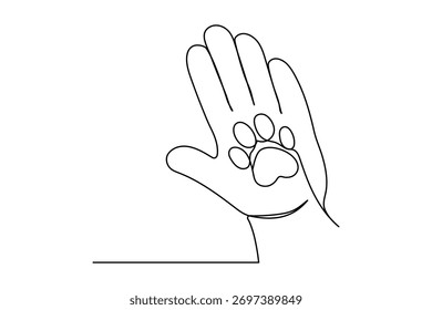 Minimal dog paw trace continuous line drawing isolated on white