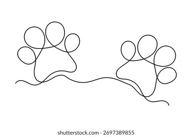 Minimal dog paw trace continuous line drawing isolated on white