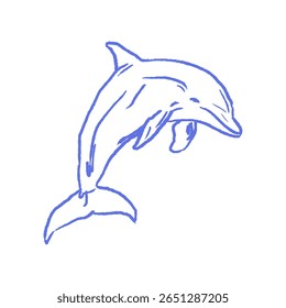 Desenho de linha de golfinho mínimo no estilo de esboço desenhado à mão. Giz azul tropical verão mar animal doodle adesivo para a vida marinha colorir páginas, crianças oceano educação impressões.