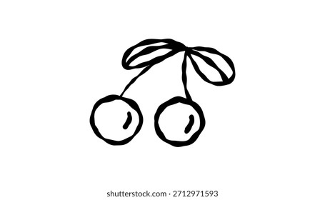 Minimal doodle cherry with leaves in hand drawn outline. Cute vector fruit element for childish designs. Vector illustration on an isolated background.