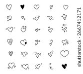 Minimal doodle heart vector icons set. Cute hand-drawn love symbols, outline and filled hearts for Valentine, wedding, stickers, and romantic design projects.