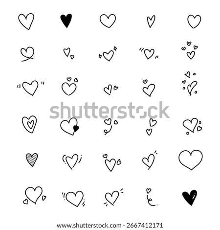 Minimal doodle heart vector icons set. Cute hand-drawn love symbols, outline and filled hearts for Valentine, wedding, stickers, and romantic design projects.